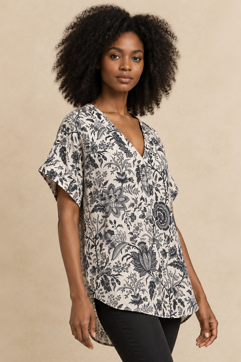 Amalia |  Printed High-Low V-Neck Top