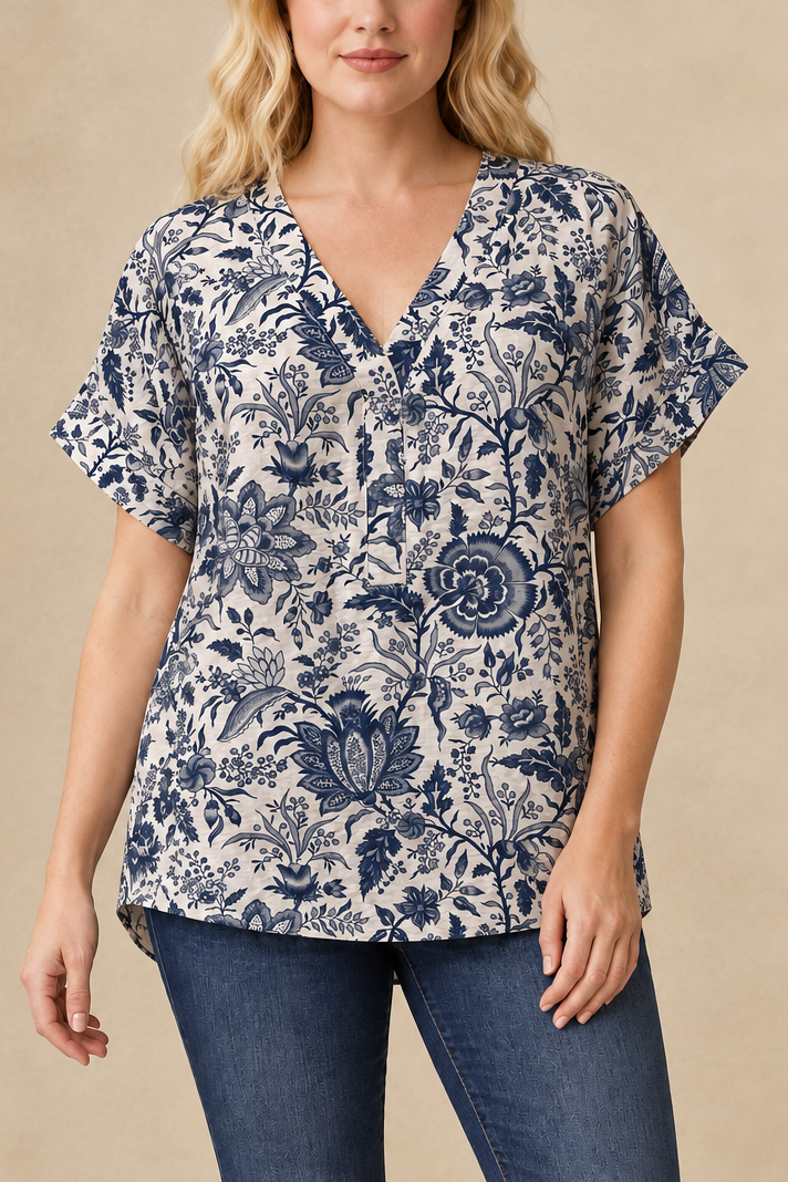 Amalia |  Printed High-Low V-Neck Top