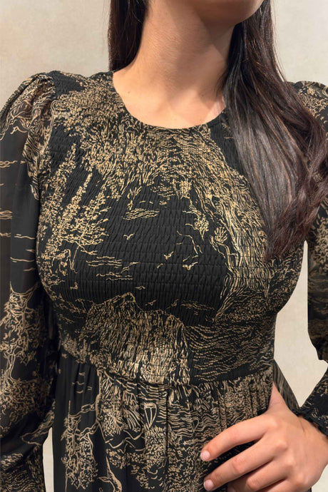 Francesca Robe Midi Noire À Smocks Imprimé Forêt Bronze