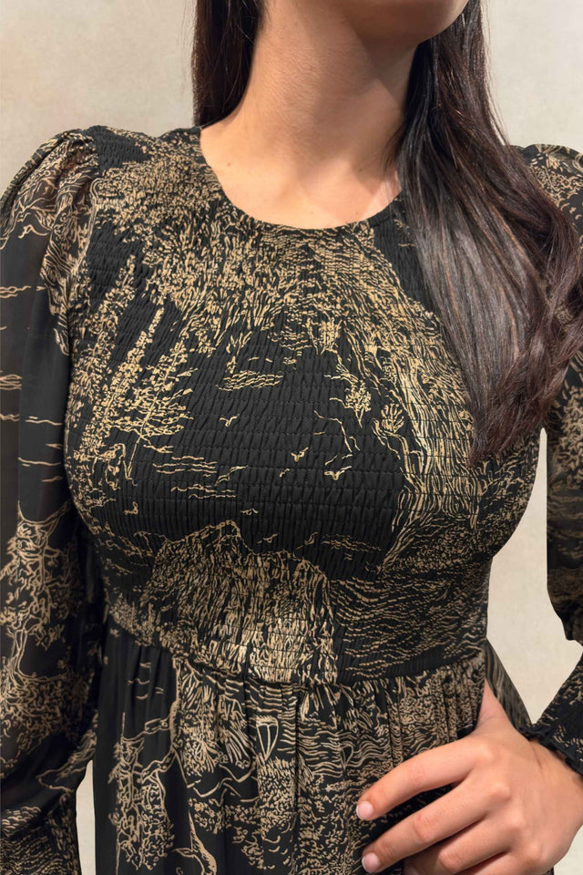 Francesca Robe Midi Noire À Smocks Imprimé Forêt Bronze