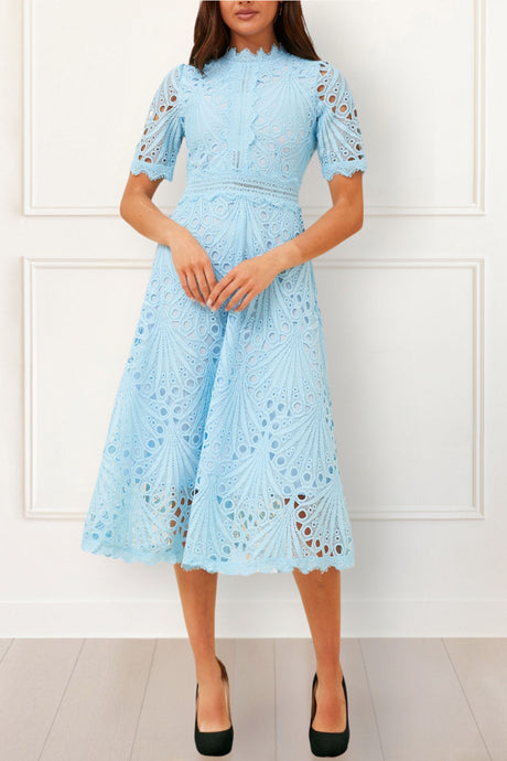 Claire Elegant Light Blue Lace Midi Dress – Short Sleeve A-Line Cocktail Dress for Women - Onze Montreal XS / Blue Annick