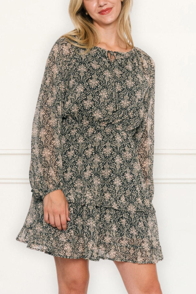 Claire Short Dress Long Puffy Sleeves Floral Print