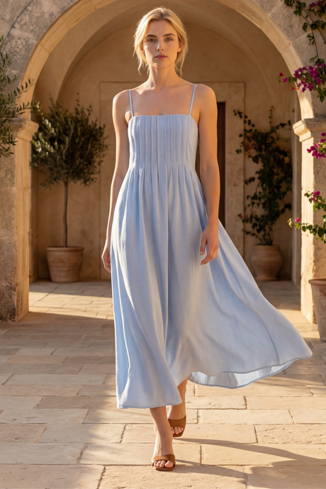 Colette Robe Midi Bretelles Fines Corsage Plissé