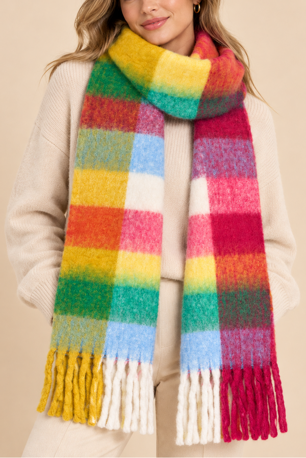 Multicolour Plaid Fringe Scarf