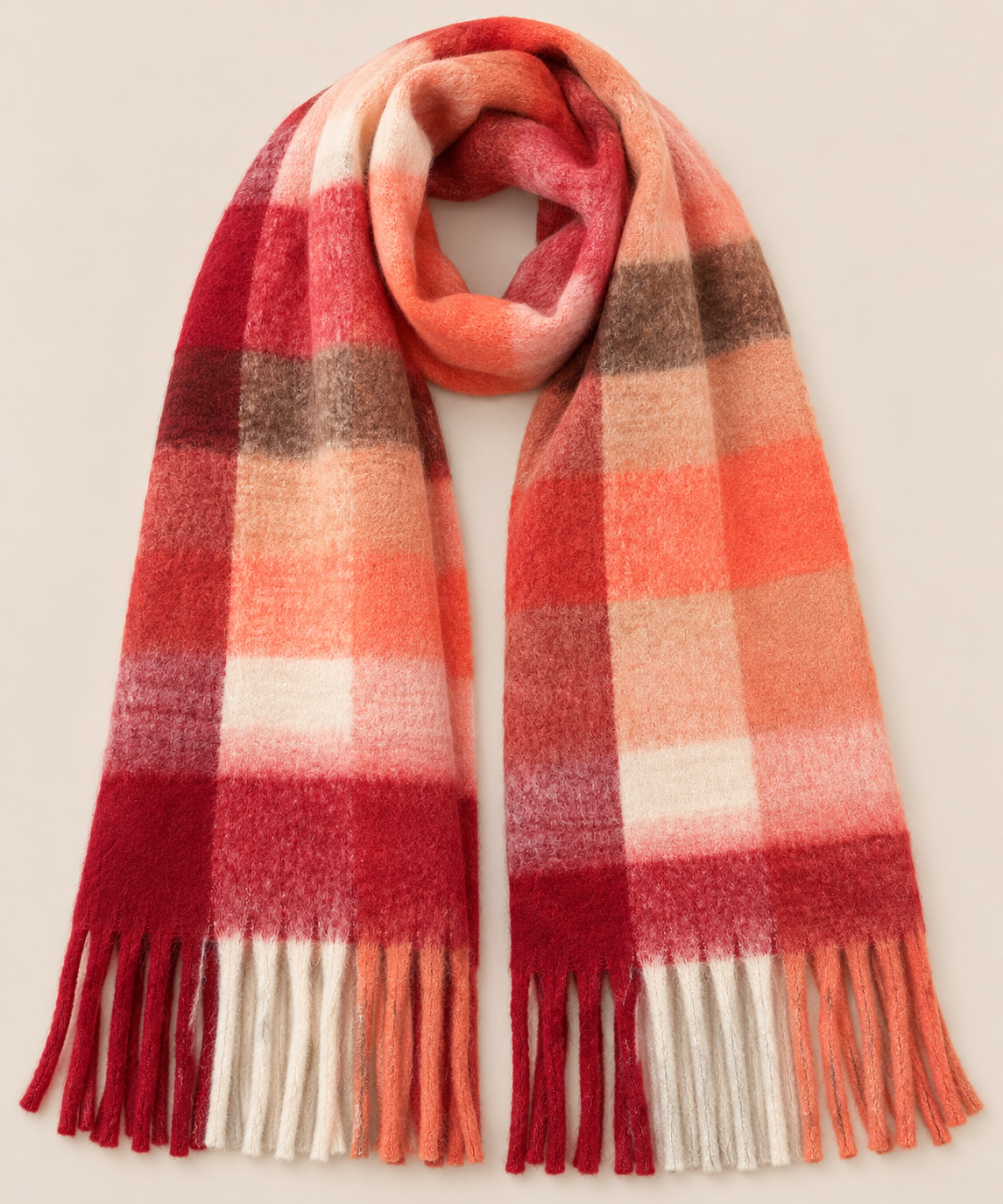 Coral & Cream Plaid Fringe Scarf