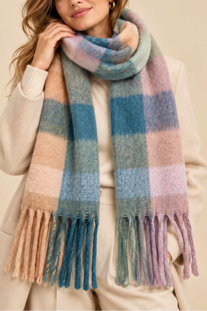 Multicolor Pastel Plaid Fringe Winter Scarf