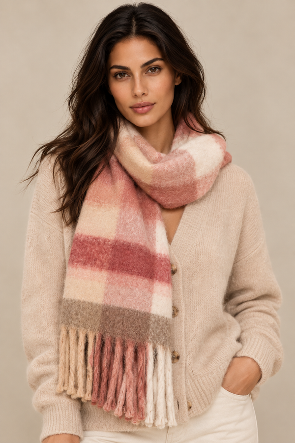 Foulard à carreaux beige et camel à franges