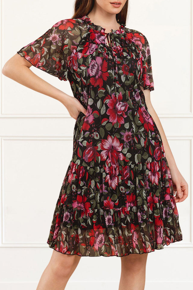 Daniella Shift Dress Floral Print Ruffle Neckline Short Sleeves