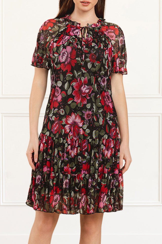 Daniella Shift Dress Floral Print Ruffle Neckline Short Sleeves