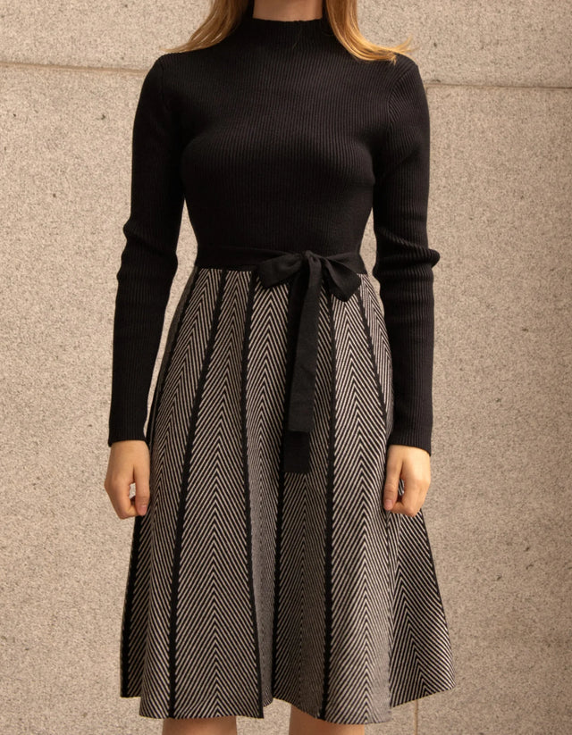 Fiola Dress Knit Solid Mock Herringbone Skirt Black - Onze Montreal