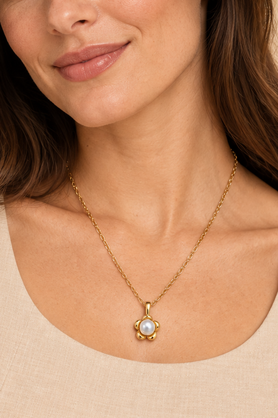 Gold-Tone Pearl-Effect Flower Pendant Necklace