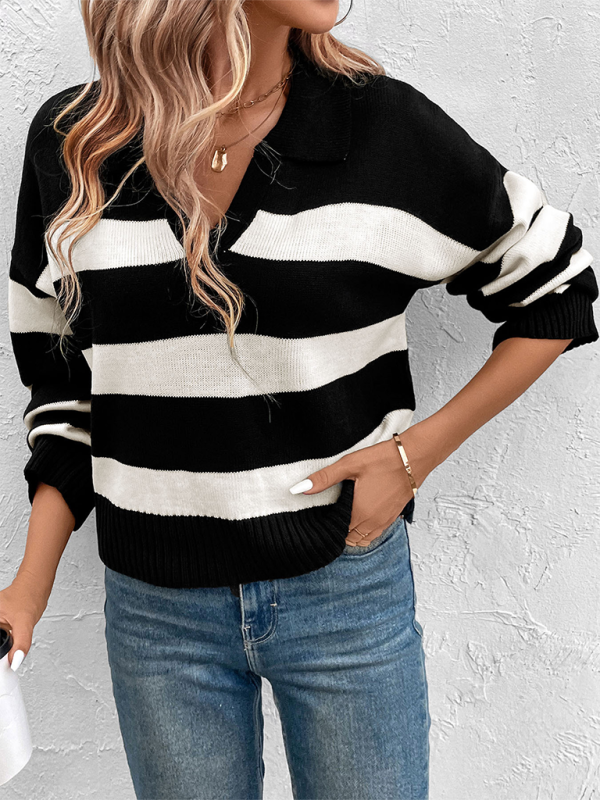 Denise Sweater Black and White Striped Lapel Collar - Onze Montreal Black / S Sold by Ô-MARCHÉ Seller