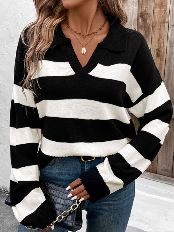 Denise Sweater Black and White Striped Lapel Collar - Onze Montreal Black / S Sold by Ô-MARCHÉ Seller