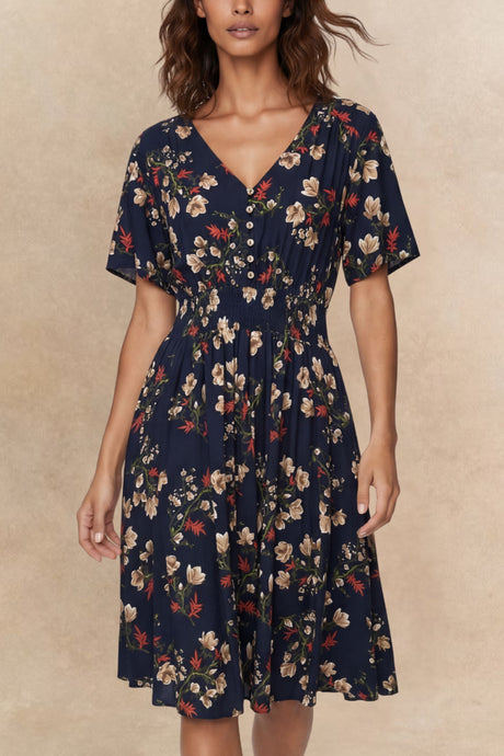 Dimi Robe Midi Floral avec Taille Nid D'Abeille et Poches