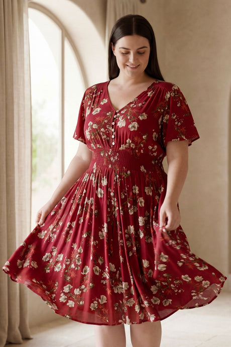 Dimi Robe Midi Floral avec Taille Nid D'Abeille et Poches