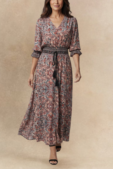 Dina Paisley Print Slit Midi Dress