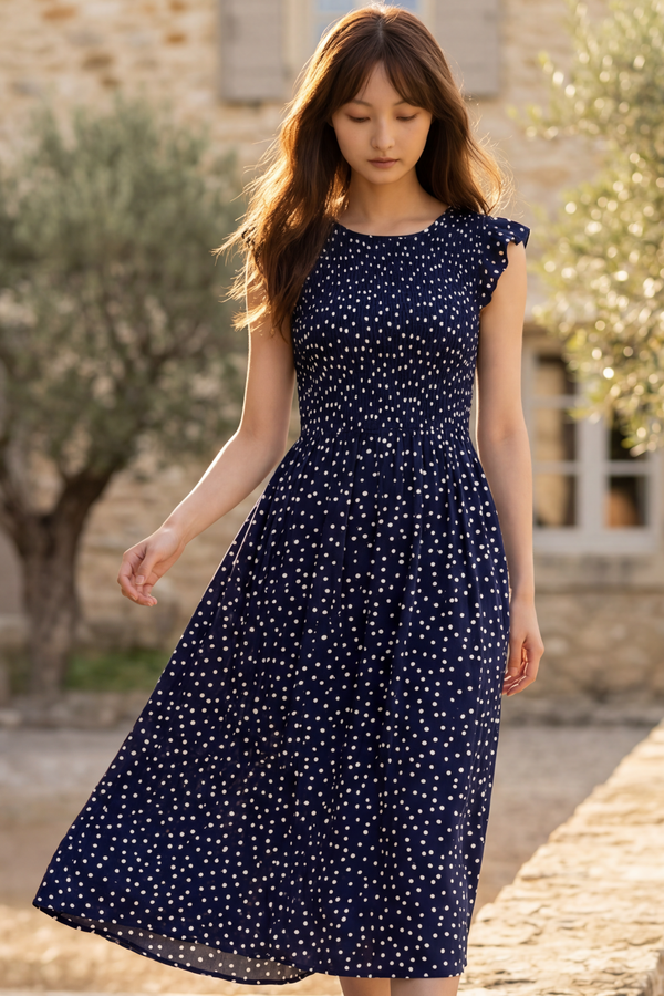 Robe midi Dominique à pois avec mancheron