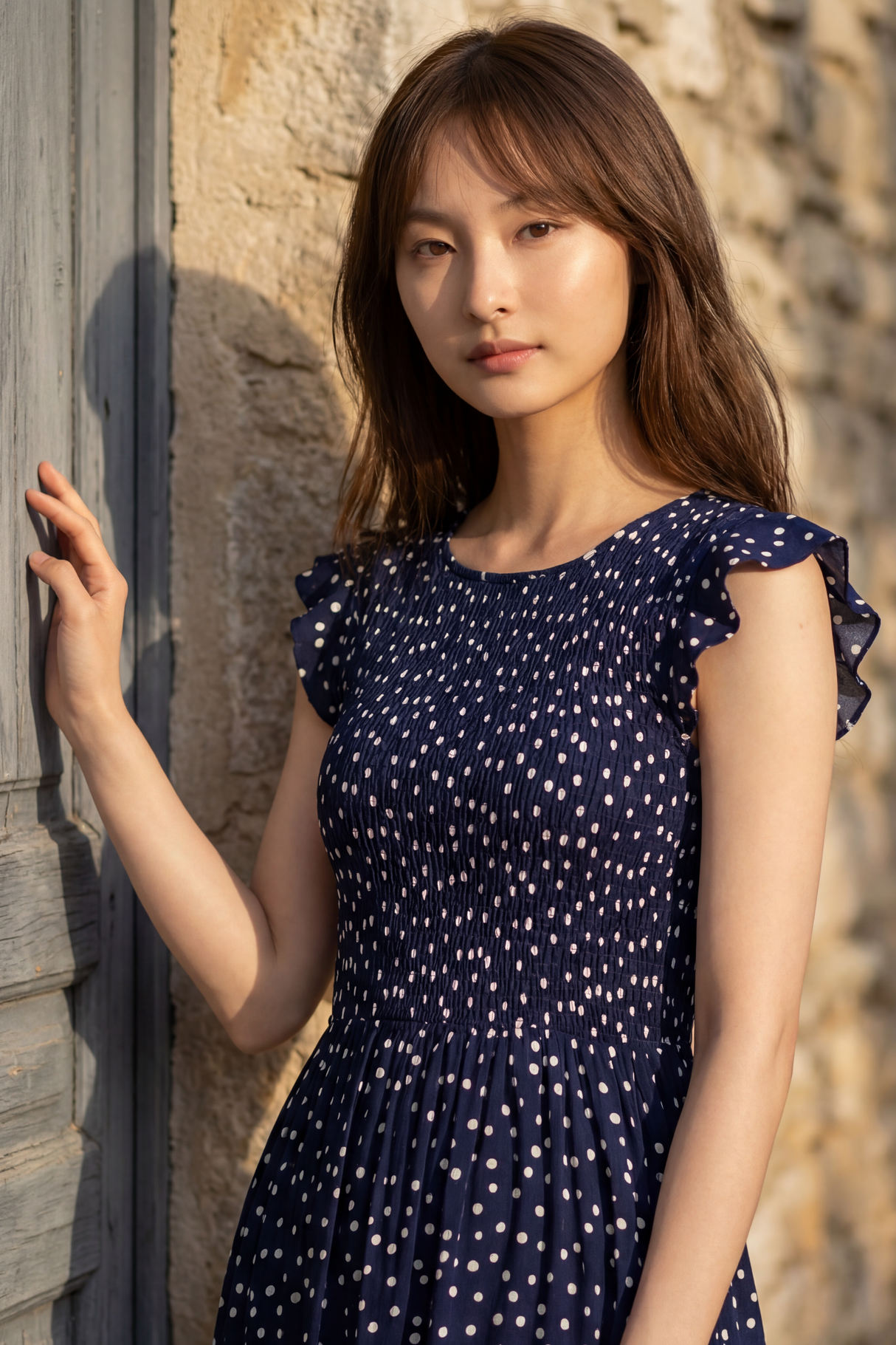 Robe midi Dominique à pois avec mancheron