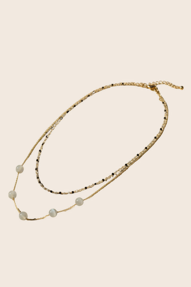 Double Chain Necklace Grey Stone Beads