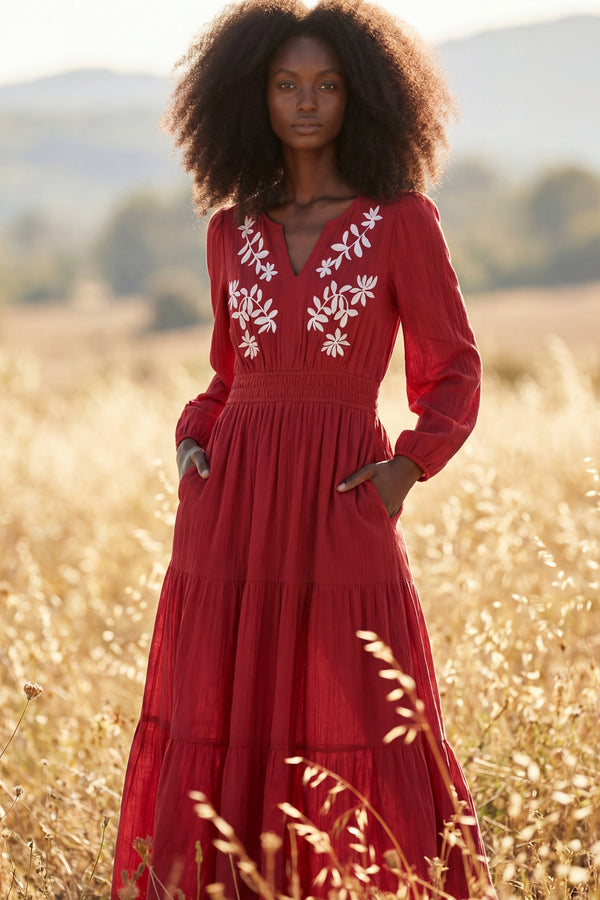 Drew Contrast Embroidered Detail Maxi Dress