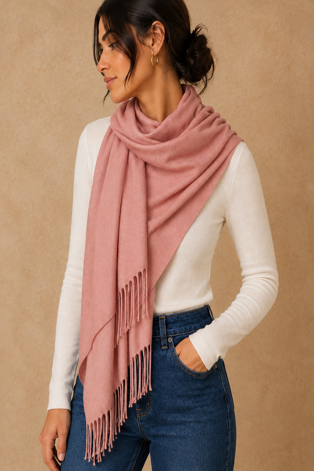 Foulard vieux rose à franges