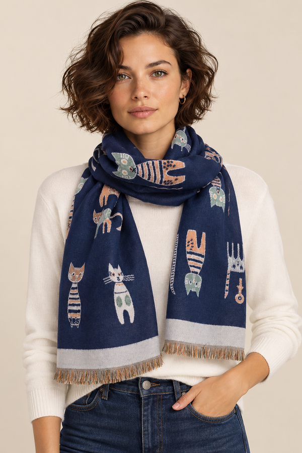 Scarf Cat Motif Border Trim