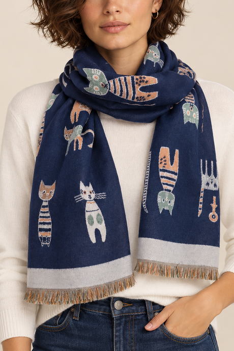 Scarf Cat Motif Border Trim