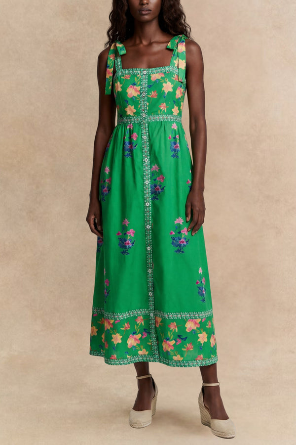 Eden Robe Midi Epaules Nouées Imprimée 