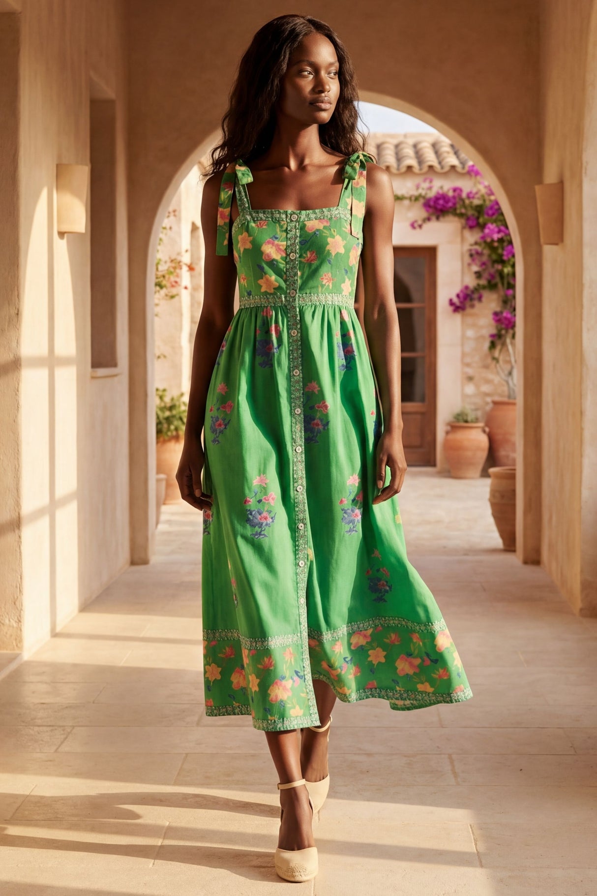 Eden Robe Midi Epaules Nouées Imprimée 
