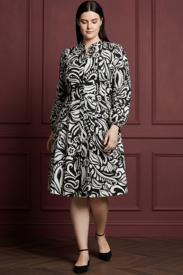 Eleanor Women's Black White Printed Dress Long Sleeves