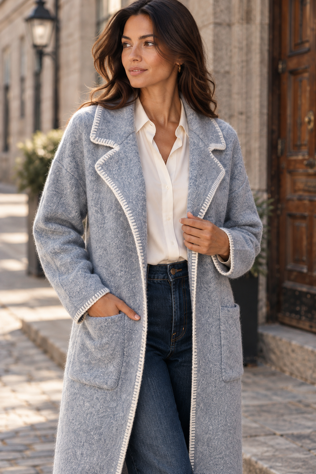 Solana Veste Cardigan Tricot Coutures Contrastées Poches Femme