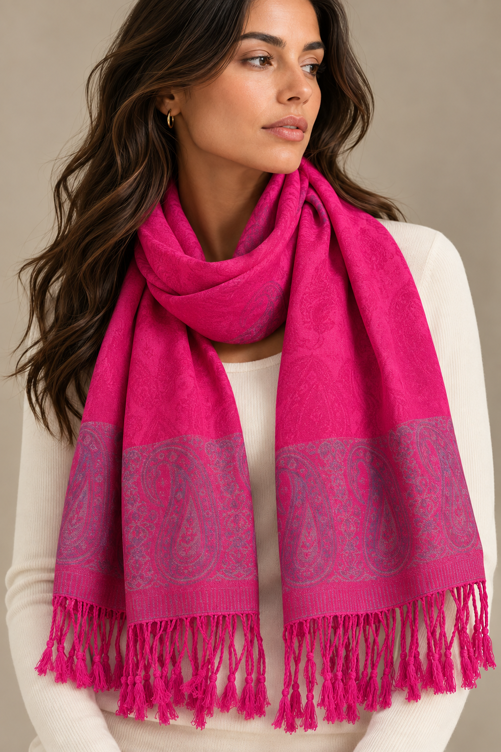 Pashmina Scarf Jacquard Paisley Bright Fuchsia