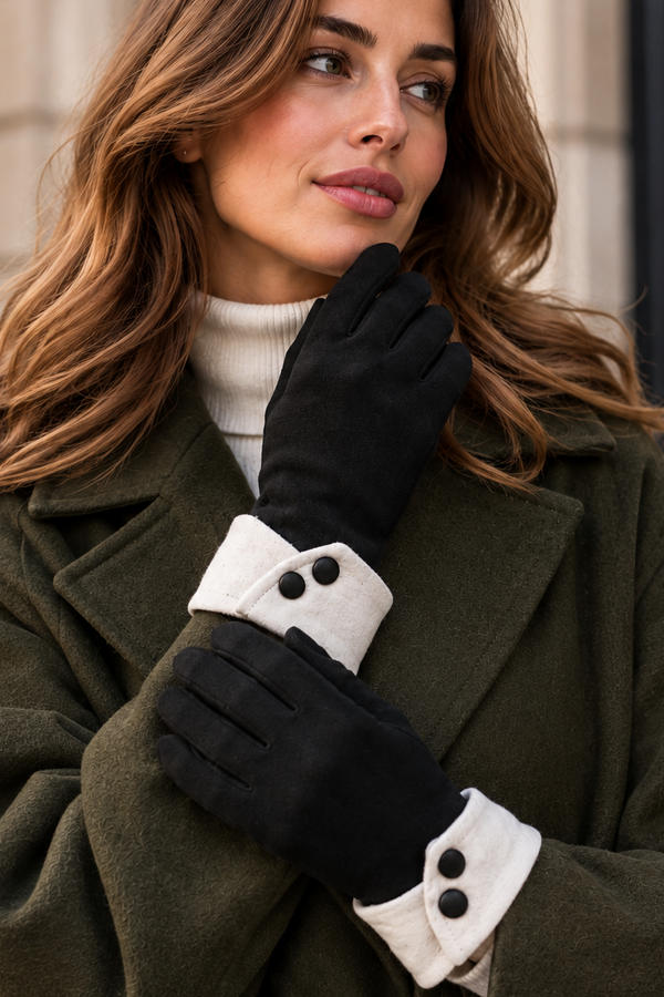 Black Winter Gloves Finger Opening Contrast Button Cuff