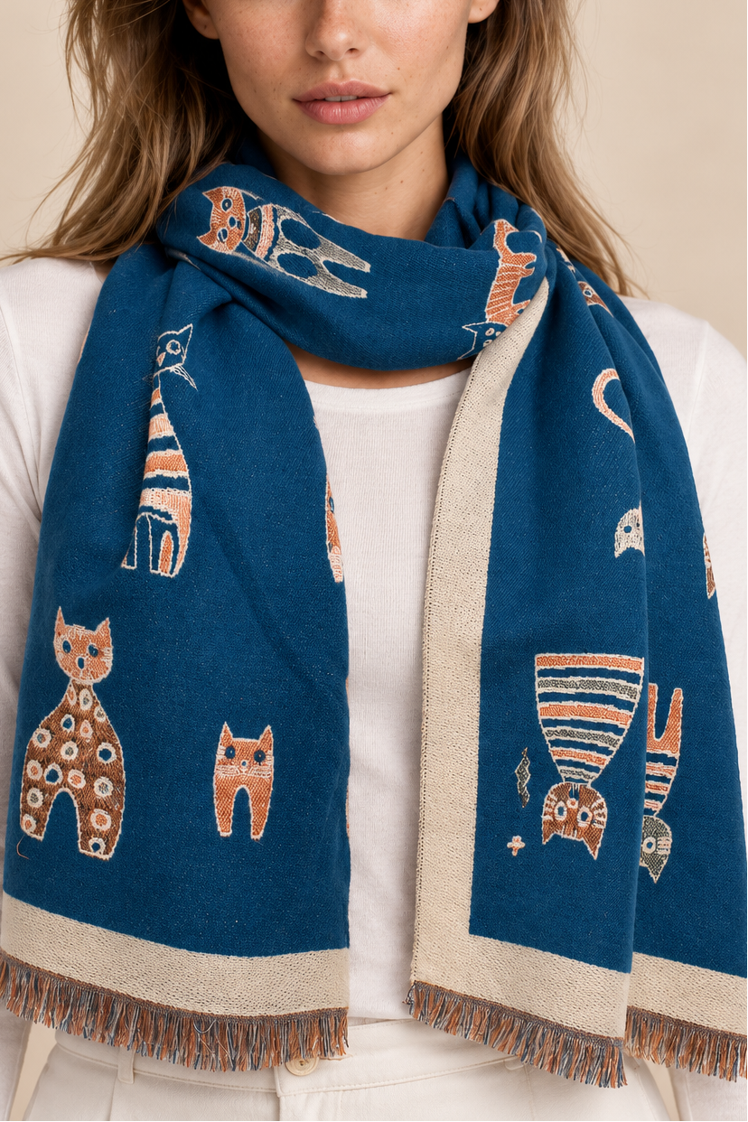 Scarf Cat Motif Border Trim