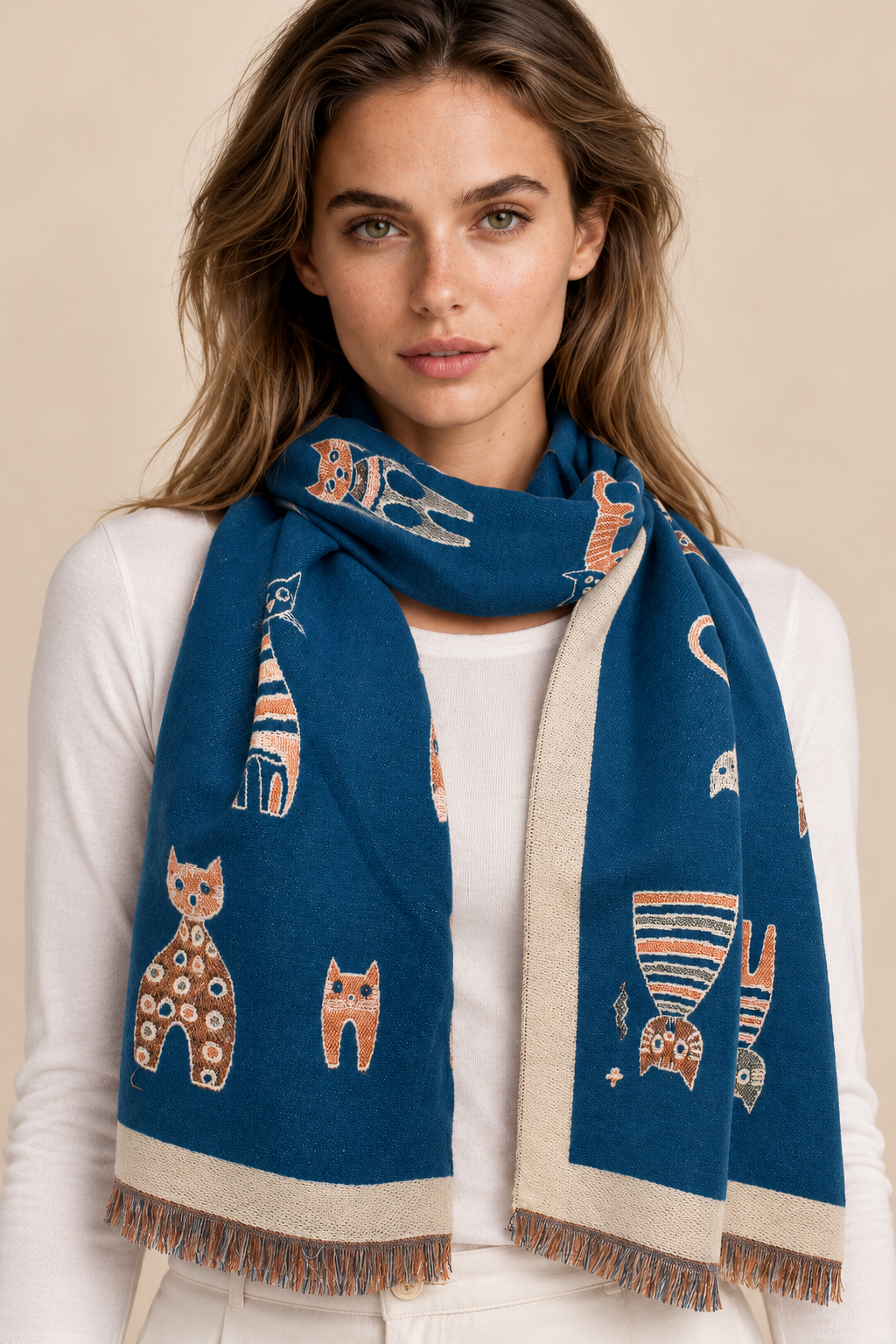 Scarf Cat Motif Border Trim