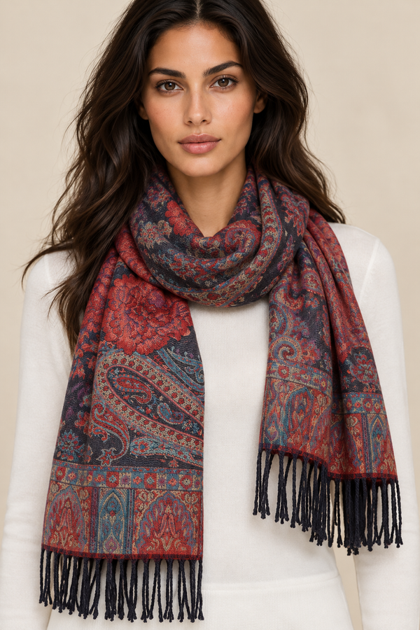 Scarf Paisley Motif Black Fringed