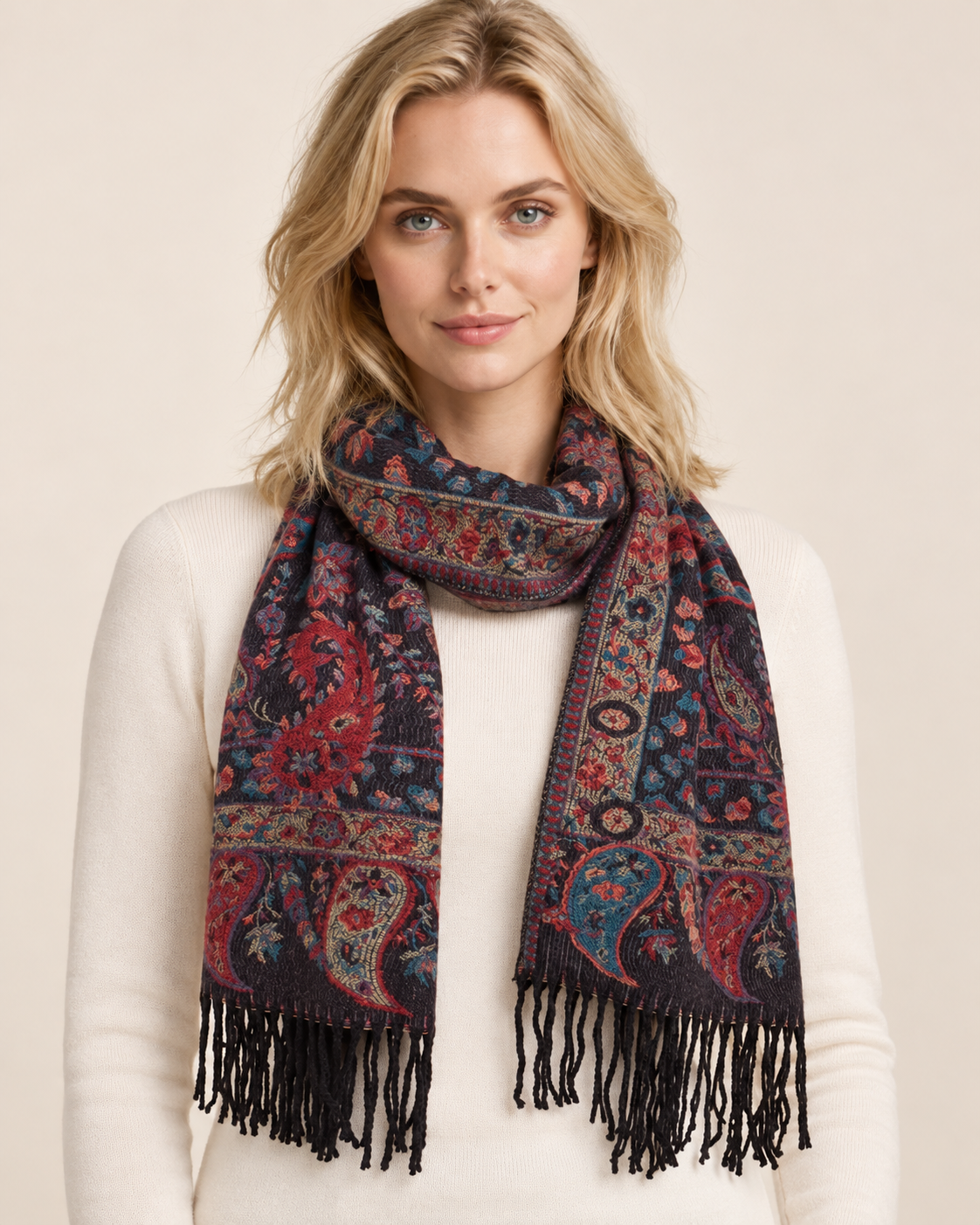Scarf Paisley Floral Motif Fringed