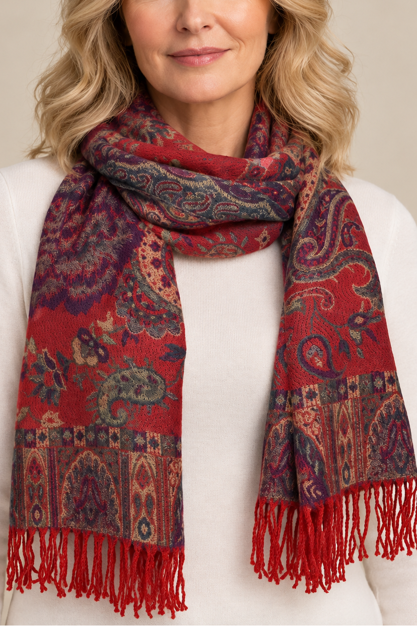 Scarf Paisley Floral Motif Red Fringed