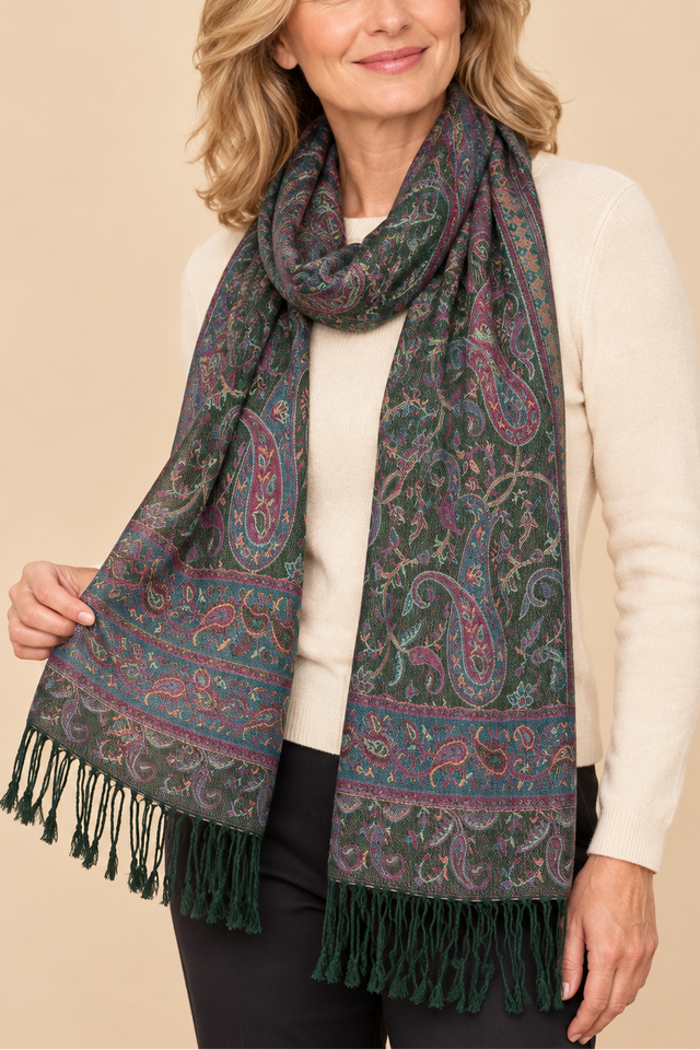 Pashmina Scarf Jacquard Paisley Dark Green