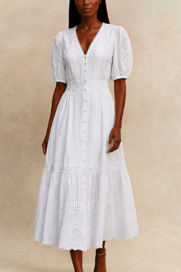 Elena Robe Midi Blanche À œillet Manches Courtes Style Estival Boutons Devant