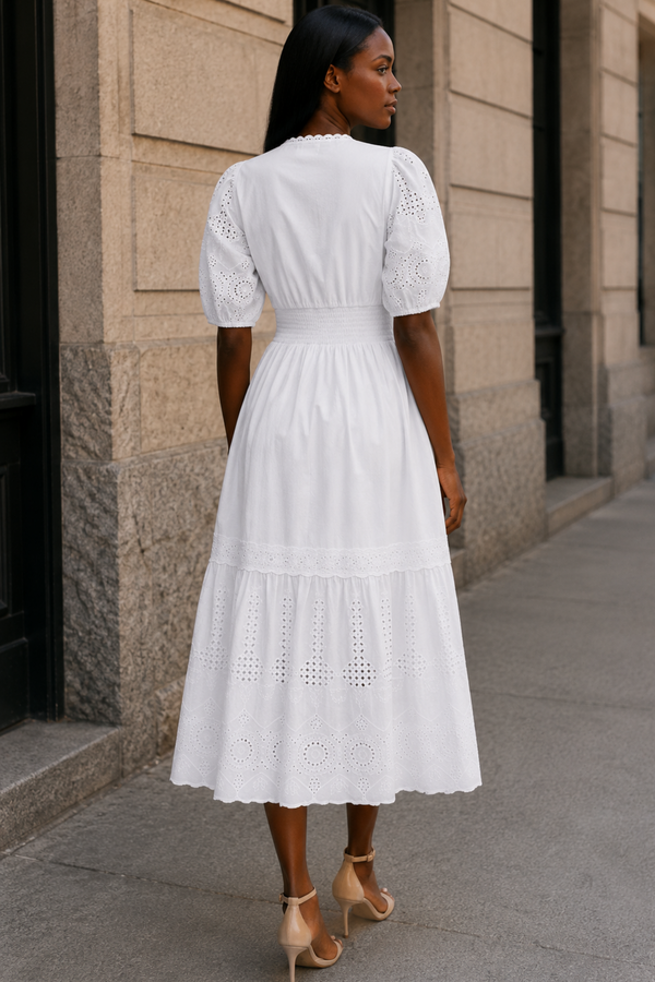 Elena Robe Midi Blanche À œillet Manches Courtes Style Estival Boutons Devant