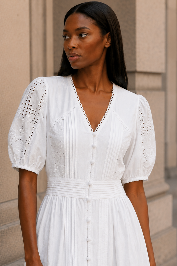 Elena Robe Midi Blanche À œillet Manches Courtes Style Estival Boutons Devant