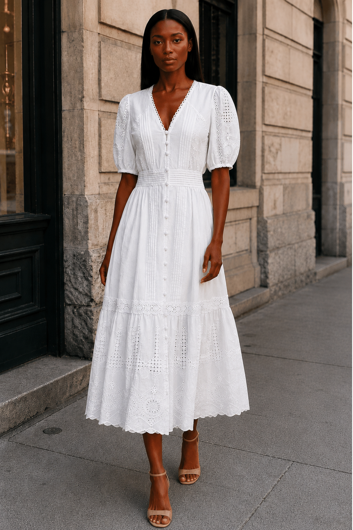 Elena Robe Midi Blanche À œillet Manches Courtes Style Estival Boutons Devant