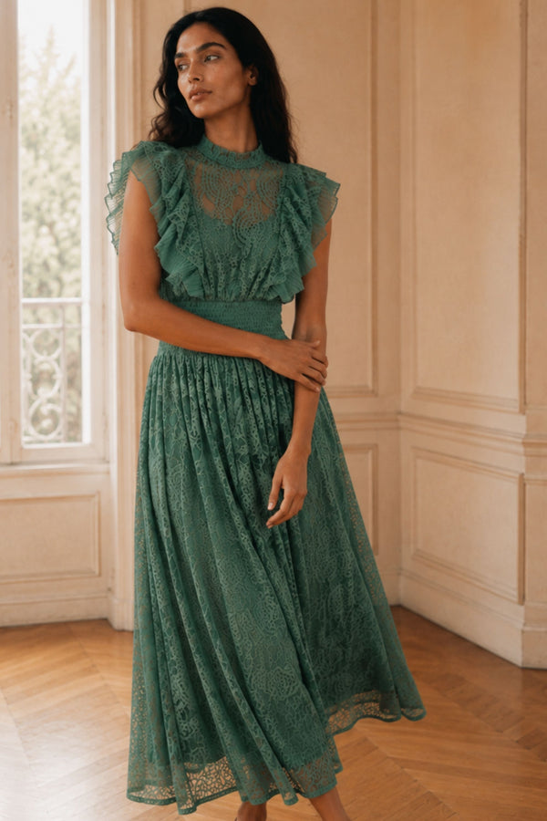  Elisabeth Robe Longue Dentelle Col Montant 