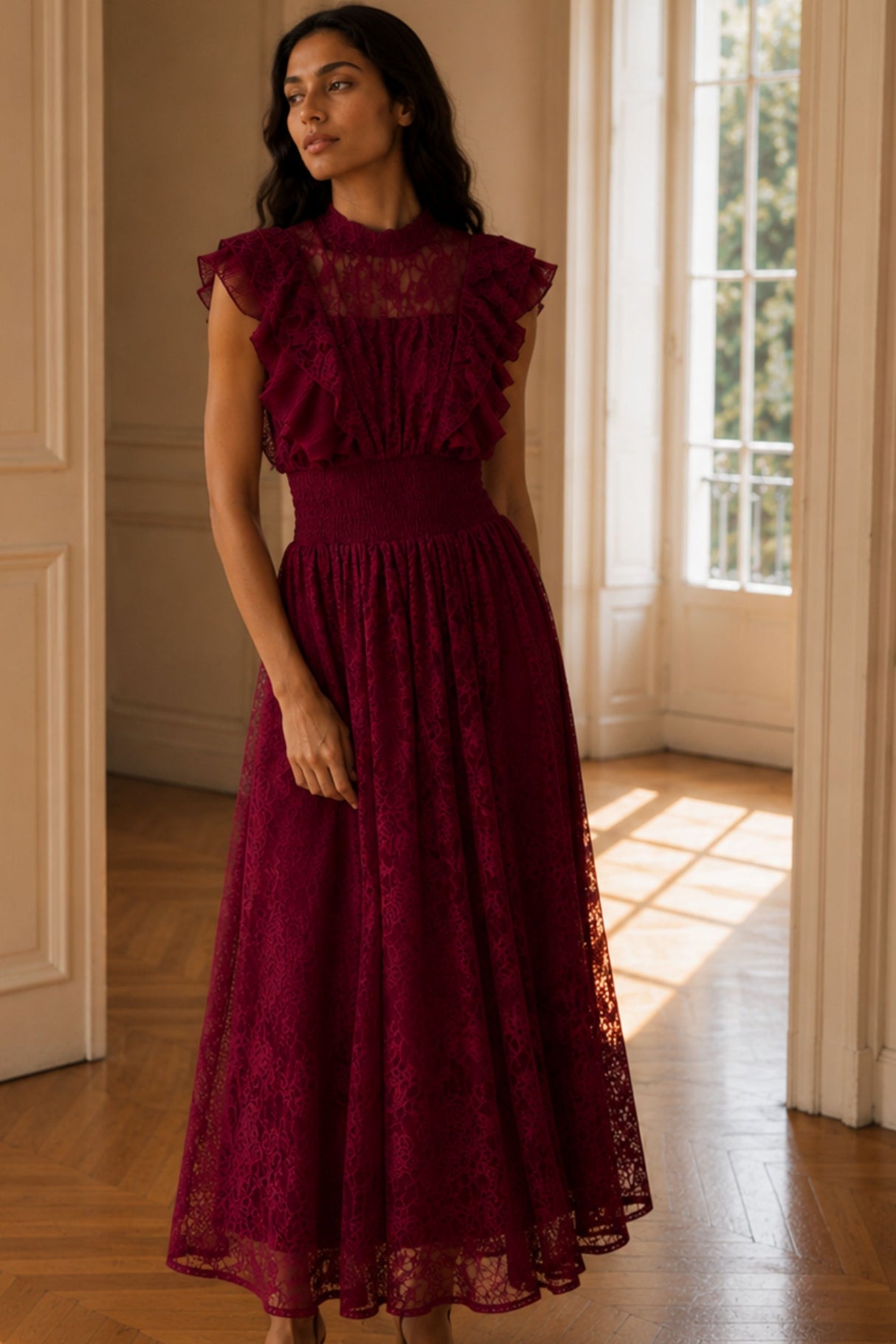  Elisabeth Robe Longue Dentelle Col Montant 