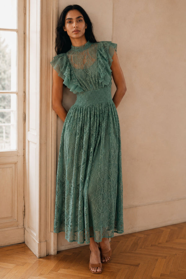  Elisabeth Robe Longue Dentelle Col Montant 
