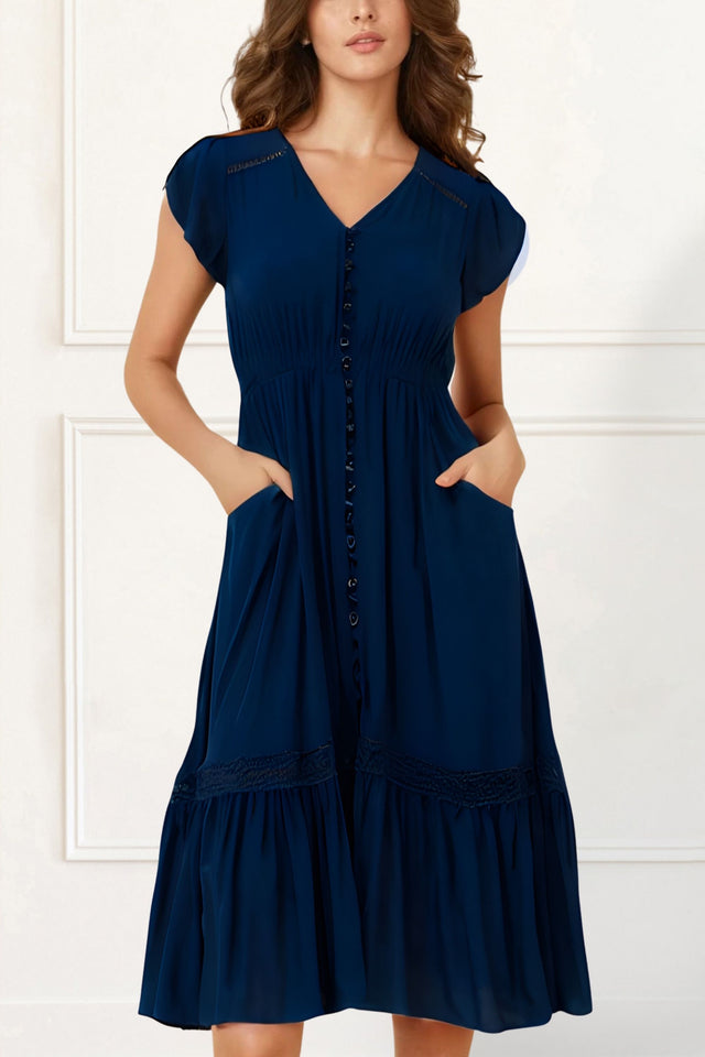 Elise Boho V-Neck Midi Dress - Button Down, Short Sleeve, Pockets - Onze Montreal Navy / XS Annick