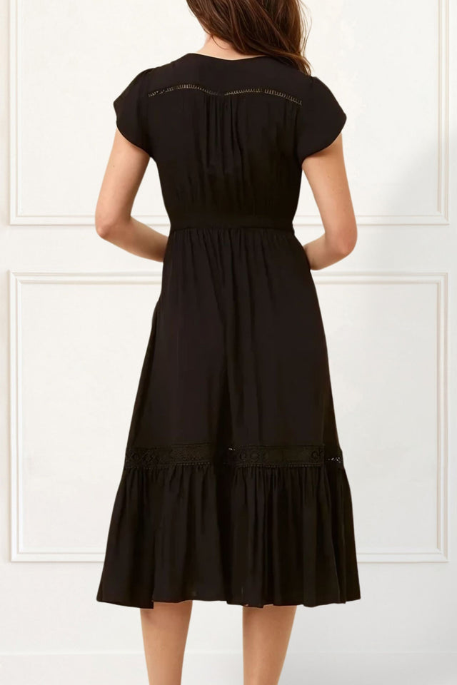 Elise Boho V-Neck Midi Dress - Button Down, Short Sleeve, Pockets - Onze Montreal Black / XS Annick