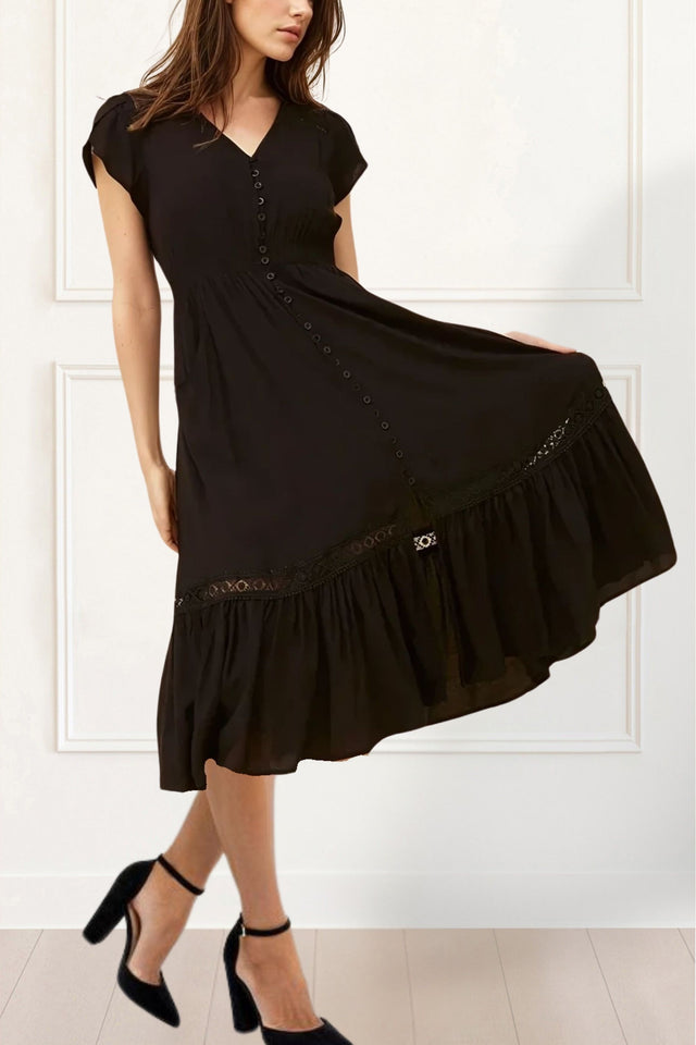 Elise Boho V-Neck Midi Dress - Button Down, Short Sleeve, Pockets - Onze Montreal Black / XS Annick