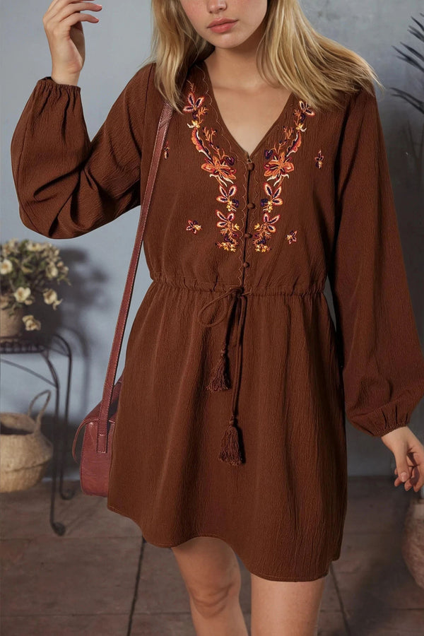 Bella Robe Manches Longues Brodée Fleurs